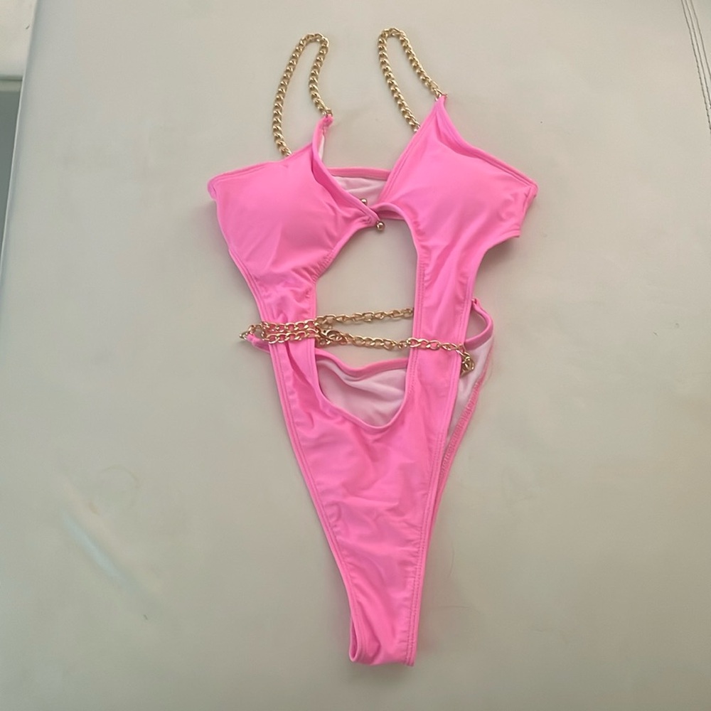 NWT pink cut out bubblegum swimsuit gold chain monokini sexy body barbell thong